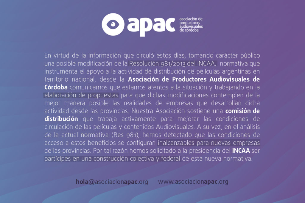 Comunicado respecto a la posible modificación de la Resolución 981/2013 del INCAA