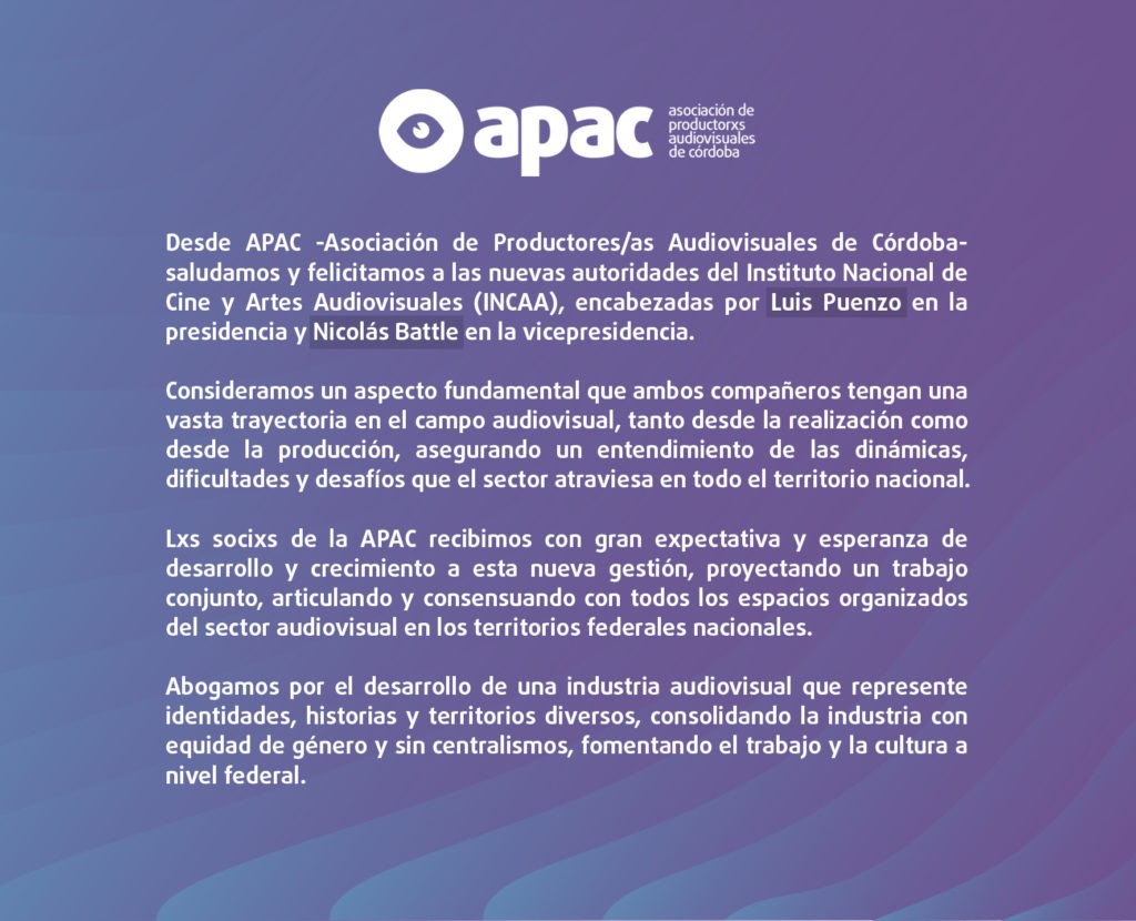 Saludamos a las nuevas autoridades del INCAA y auguramos una exitosa gestión a nivel federal