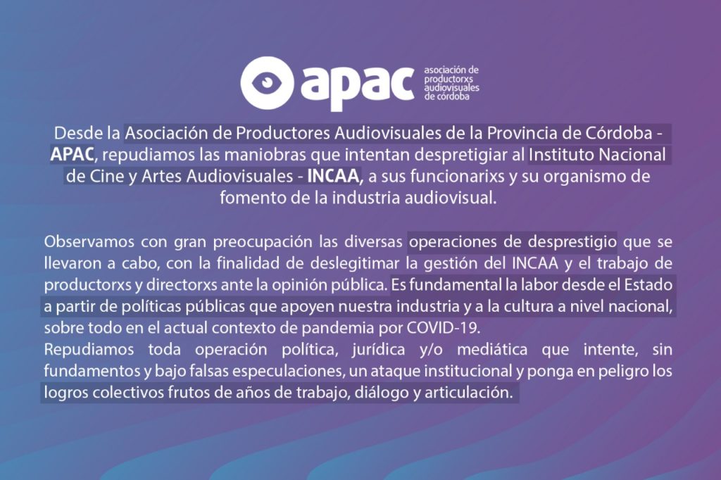 Comunicado en apoyo al INCAA y a lxs compañerxs del sector audiovisual